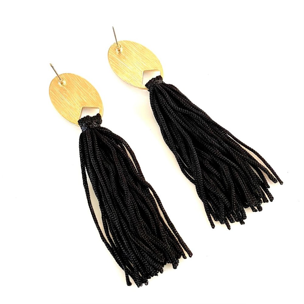 Goldtone Oval Earrings With Black Tassels - Picture 3 of 3